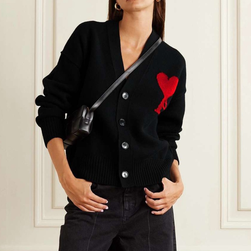 Ami Black Cardigan with Red Heart